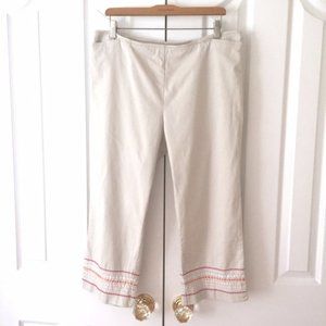 Beige Stretch Capri Pants With Embroidered Design